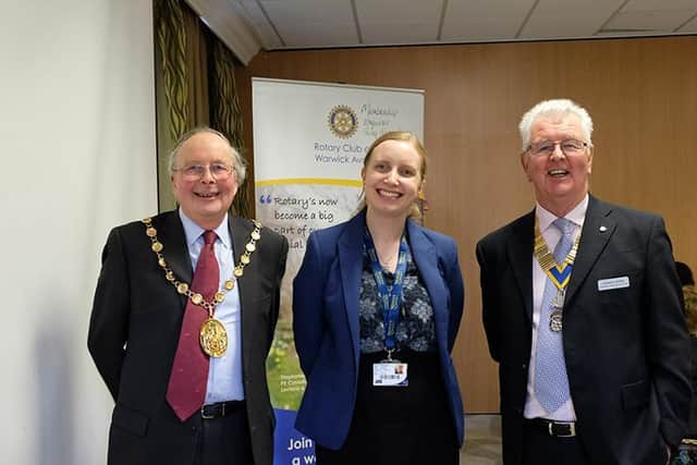 Cllr George Illingworth, chairman of Warwick District Council, Sarah Brown marketing manager at Warwick Castle and Norman Byrne, President of the Rotary Club of Warwick Avon. Photo by Sarah Hill at Gecko Photography.