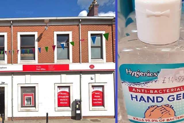 The shop and, right, a photo a resident took of sanitiser on sale inside.
