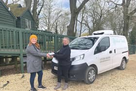 Susie Medcalf hands over a delivery from Ofishial Foods to Kate Ashfield of Winchcombe Farm. Photo supplied.
