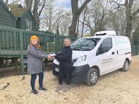 Susie Medcalf hands over a delivery from Ofishial Foods to Kate Ashfield of Winchcombe Farm. Photo supplied.