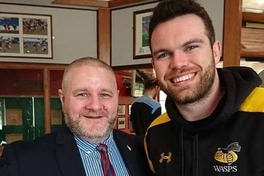 From left, Kevin Bowman with ex-Wasps player Alex Rieder. Photo supplied.