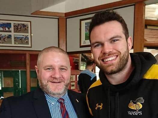 From left, Kevin Bowman with ex-Wasps player Alex Rieder. Photo supplied.