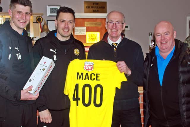 Jack Edwards, left, with Mace after his 400th appearance for Brakes.