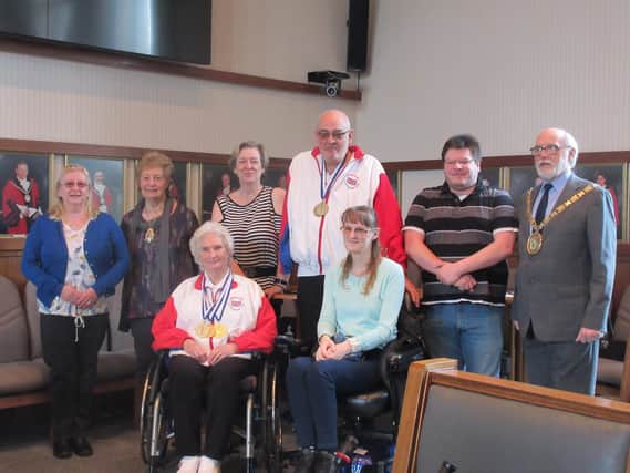 Members of Rugby Sport for the Disabled with the Mayor and Mayoress of Rugby Cllr Bill Lewis and his wife Sue