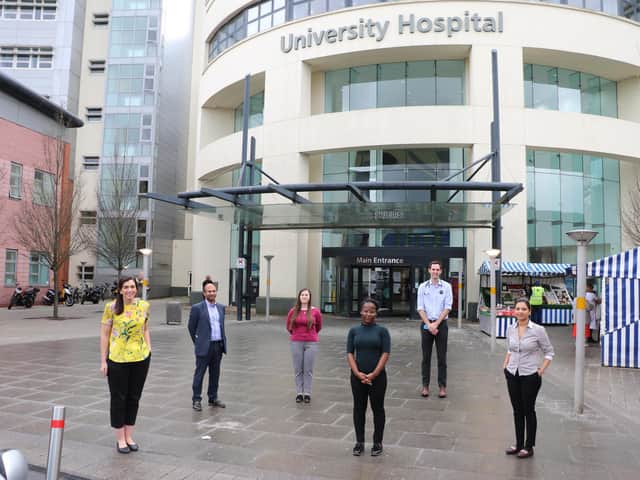 L to R, Casie Sweeney, Professor Kiran Patel, chief medical officer at UHCW, Jodie Taylor, Adeola Salau, Jonny Kaberry and Mariam Pereira.