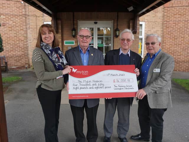 Kathryn Metcalfe, The Myton Hospice's Community Fundraising Support Officer, with the Rotary team Barry Frith, Mike Wilkinson and Barry Andrews at the cheque presentation to the charity for the club's Trees of Light campaign earlier in the year.
