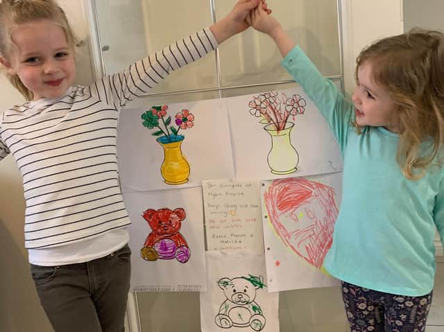 Maeve (4) and Matilda (2) Sweeney from Southam with some of their creations which will be sent to care homes. Photo supplied.