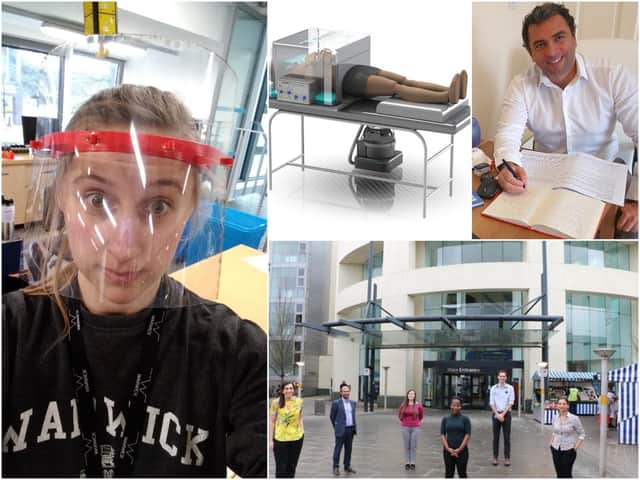 Left to right: Warwick PhD researcher Elizabeth Bishop wearing a 3D printed face shield, the 'exovent' ventilator (photo credit John Hunter Steer Energy), Dr Leandro Pecchia is a Reader in Engineering and bottom shows medical students who are supporting the NHS. Photos by University of Warwick