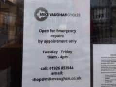 The poster in the front window of Mike Vaughan cycles in Kenilworth.