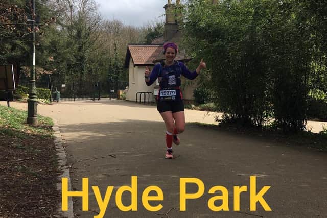 Becky McWass at Jephson Gardens which she marked as Hyde Park as part of her fundraising run.
