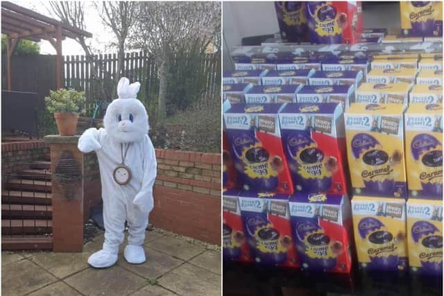 Stephen Richman will be dressing up as the Mad Hatter and his stepson Michael Smith will be dressing up as a rabbit when they deliver Easter eggs to children in Long Itchington. Photos supplied.