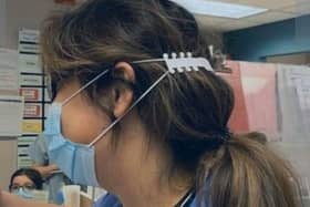 Hoe the ear protectors are worn with a mask and used to stop rubbing and chafing behind the ears.