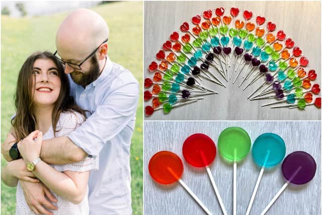 Emily Davies with her husband Andrew Fraser and some of Emily's lollipops. Photos supplied.
