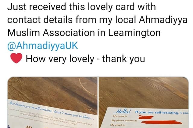 A tweet thanking the Leamington branch of the Ahmadiyya Muslim Association .