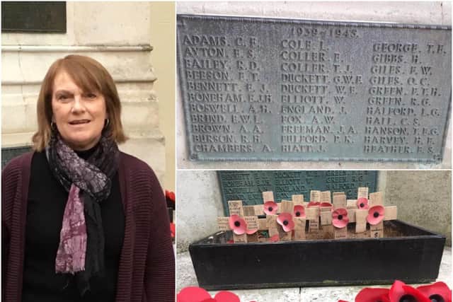 Left shows Project leader Christine Shaw and right shows the war memorial plaque and poppies. Photos supplied