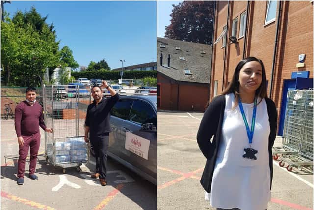 Left shows Mr Ahmed and Baabzi delivering 2,000 mask to Warwick Hospital and right shows a member of the team at Warwick Hospital receiving the donation. Photo supplied