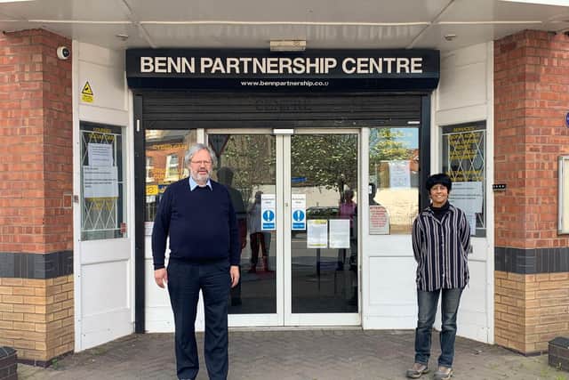 Willy Goldschmidt and Gita Natarajan outside the Benn Partnership Centre.