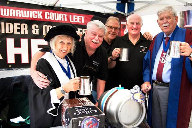 Members of the Warwick Court Leet Beer Festival Committee; Low Bailiff - Gail Warrington, Assistant Ale Taster - Keith Hinton, Jurors - Roy Glassborow and Alan Lettis (Festival Organiser) along with the Courts Ale Taster - Graham Sutherland. Photo by Gill Fletcher.