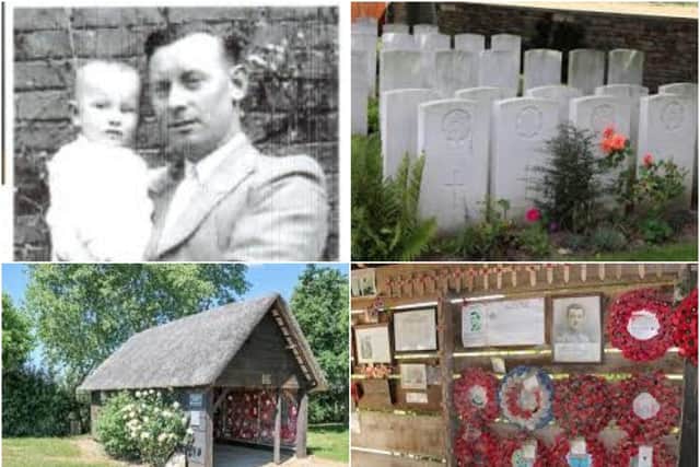 Thomas White (photo provided by his son Tom White) and pictures of the massacre site museum and graveyard in France. Photos supplied
