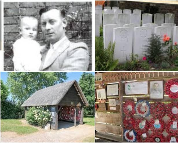 Thomas White (photo provided by his son Tom White) and pictures of the massacre site museum and graveyard in France. Photos supplied