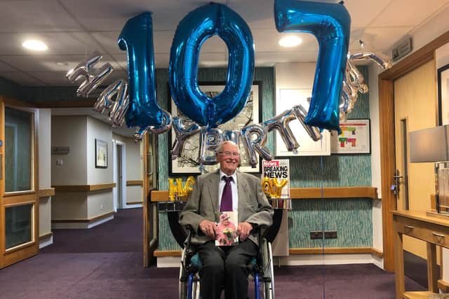 John Farrigndon celebrates his 107ht birthday at Cubbington Mill care home.