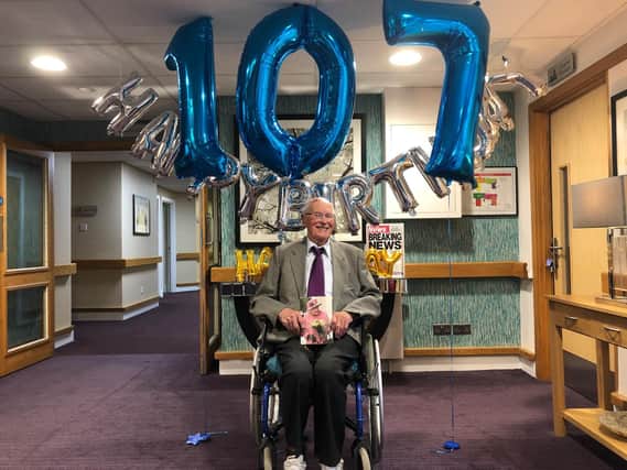 John Farrigndon celebrates his 107ht birthday at Cubbington Mill care home.