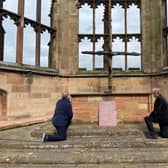 The Right Reverend Dr Christopher Cocksworth (Bishop of Coventry)and the Right Reverend John Stroyan (Bishop of Warwick) 'took the knee' in front of the Charred Cross in the Cathedral Ruinsto mark two weeks since the deathof George Floyd in the USA.