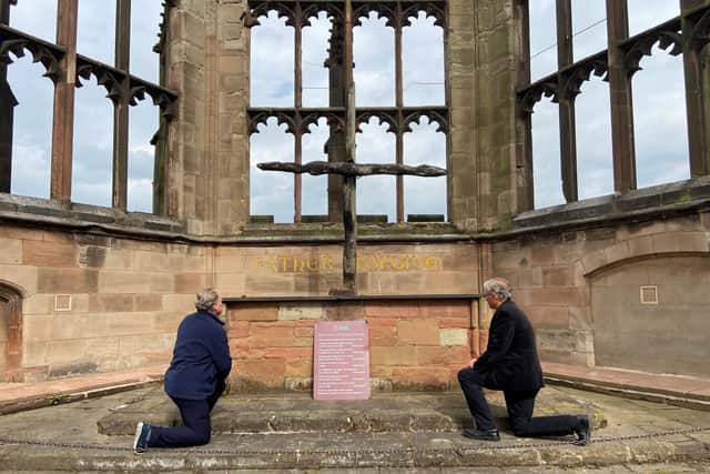 The Right Reverend Dr Christopher Cocksworth (Bishop of Coventry)and the Right Reverend John Stroyan (Bishop of Warwick) 'took the knee' in front of the Charred Cross in the Cathedral Ruinsto mark two weeks since the deathof George Floyd in the USA.