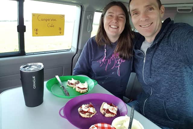 Hazel and husband Paul, enjoying a Cream Tea in the Campervan Caf during lockdown. Photo supplied