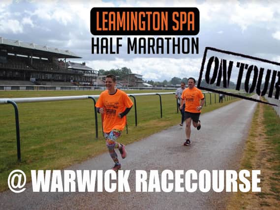 Poster for the Leamington Half Marathon taking place this year at Warwick Racecourse in October.