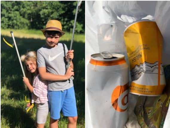 Left: Alfie Claude and his sister Harper from Cubbington have been litter picking on their daily walks during lockdown. Right: some of the litter they have collected.