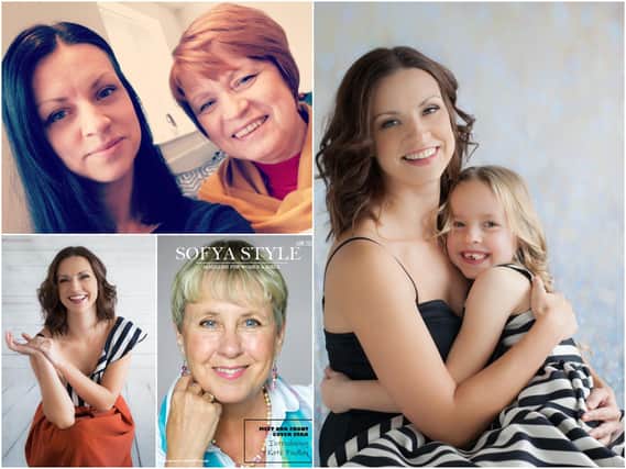Top left shows Anya Gunkova with her mum Elena and right shows Anya with her daughter Sofya. Bottom right shows Anya and the front cover of her June magazine. Photos supplied
