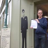 Paul Lamat of Lamat's Hardware with the petition outside the shop in Old Town, Leamington.