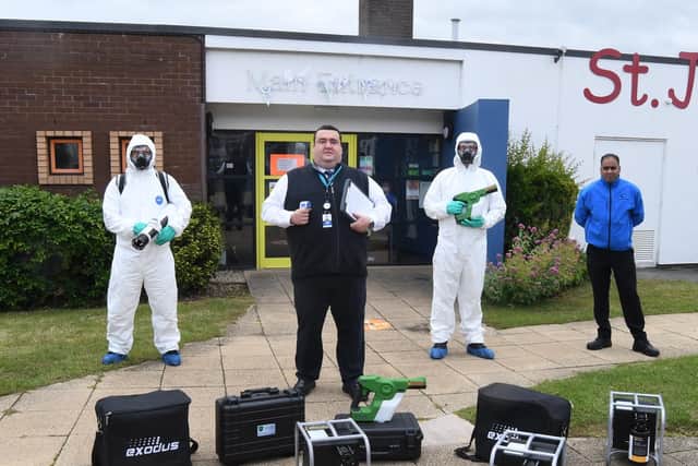 Left to right: Ian Windsor, Ian Wallace, James Kettle and Imran Hussain pictured having just treated St Joseph's Catholic Primary School in Whitnash.