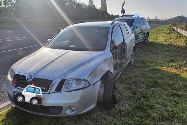 This Skoda VRS made off from OPU officers yesterday morning (Saturday) and crashed near Barford. Photo by OPU Warwickshire.