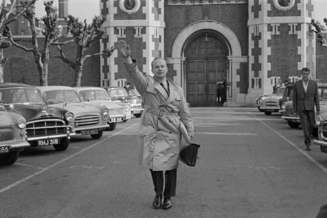 Colin Jordan (1923-2009), founder of the National Socialist Movement, pictured giving a Nazi salute gesture after being released from Wormwood Scrubs prison in West London on 31st May 1963. Colin Jordan has just completed a nine month prison sentence for Public Order offences. (Photo by Larry Ellis/Express/Hulton Archive/Getty Images).