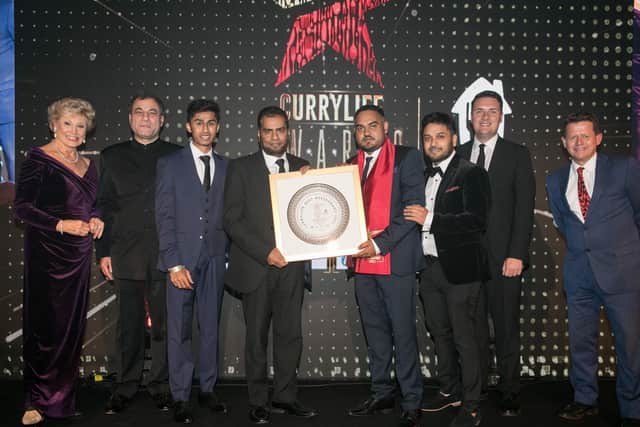 (l-r) Broadcaster Angela Rippon, CBI president Lord Bilimoria CBE, From Paprika Club, Jahed Ahmed, Abdul Kadir Abdul, Belal Ahmed, Helal Ahmed, Mr Wes Streeting MP and Journalist Broadcaster Mike Bushell.