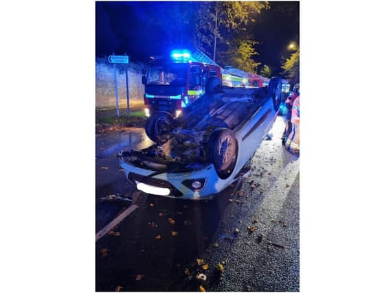 Warwickshire Police have released this shocking image from the scene of an incident in which a drunk driver overturned her car in Leamington last night. Photo by OPU Warwickshire