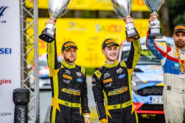 Jon Armstrong and Phil Hall finished as Junior WRC's 2021 runners-up on podium