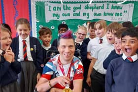 Multi Gold Medal-winning Paralympian, David Smith MBE, dropped in on pupils and teachers at St Joseph’s Catholic Primary School in Whitnash a few days ago.