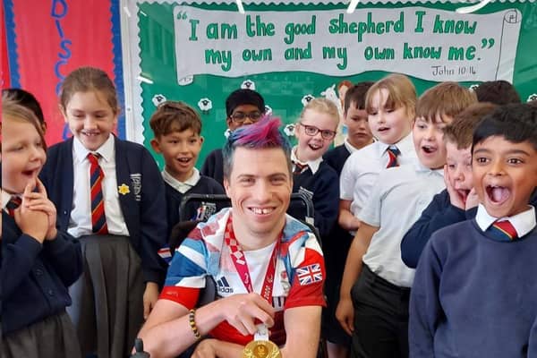 Multi Gold Medal-winning Paralympian, David Smith MBE, dropped in on pupils and teachers at St Joseph’s Catholic Primary School in Whitnash a few days ago.