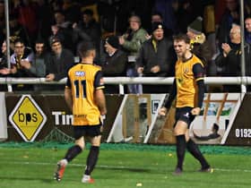 Jack Lane celebrates with Kieran Cook in Brakes win over Farsley Celtic   PICTURES BY SALLY ELLIS