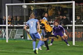 Jack Lane scoring for Leamington against Farsley Celtic    PICTURE BY SALLY ELLIS