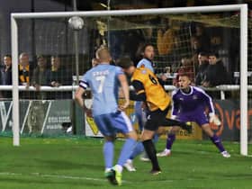 Jack Lane scoring for Leamington against Farsley Celtic    PICTURE BY SALLY ELLIS