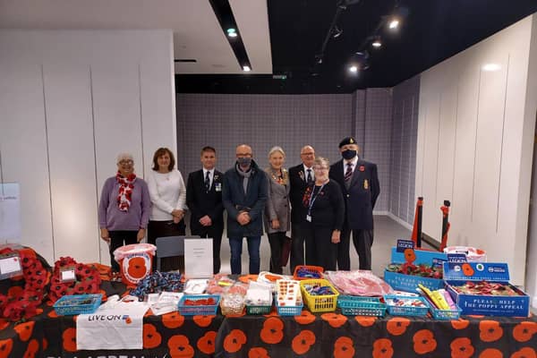 Picturs at the launch of the Poppy Shop in Leamington at Stan Sabin - Vice Chair Leamington Branch RBL, Paul Eaves - Standard Bearer Leamington Branch RBL, Matt Western - MP, Mayor of Leamington Cllr Susan Rasmussen, Pat Edgington - Poppy appeal organiser and Rodger Gardiner - Chair Leamington Branch RBL.