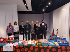 Picturs at the launch of the Poppy Shop in Leamington at Stan Sabin - Vice Chair Leamington Branch RBL, Paul Eaves - Standard Bearer Leamington Branch RBL, Matt Western - MP, Mayor of Leamington Cllr Susan Rasmussen, Pat Edgington - Poppy appeal organiser and Rodger Gardiner - Chair Leamington Branch RBL.
