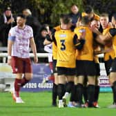 Leamington celebrate during their victory over York. Photo: Sally Ellis