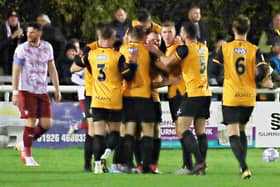 Leamington celebrate during their victory over York. Photo: Sally Ellis