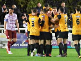 Leamington celebrate during their victory over York. Photo: Sally Ellis