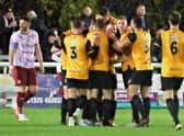 Leamington celebrate during their victory over York. Photo: Sally Ellis
